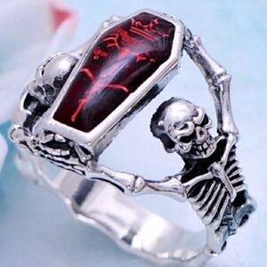 Ring Size 11 Red Coffin Vintage Silver color unisex Ring Red Stone Skull Rings